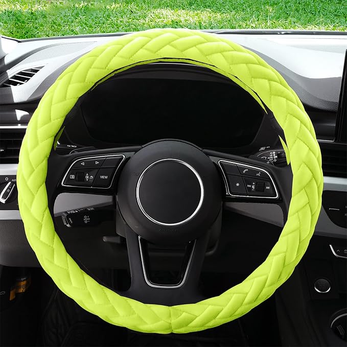 YHONGJT Soft Velvet Steering Wheel Cover 15 Inch Universal Fit for Women Girls, Cute Hands Warm Fuzzy for Vehicles, Sedans, SUVs, Vans, Trucks - Neon Green