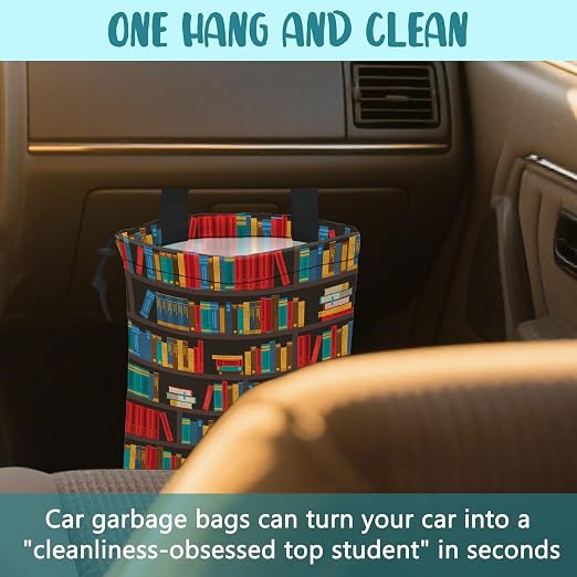Car Garbage Bag Colorful Bookshelves Library Drawstring Car Trash Bag Hanging for Back Seat with Adjustable Buckle Canvas Vehicle Trash Can Easy-to-Install