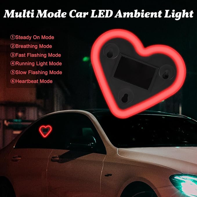 Upgrade Car Light LED Ambient Lights Heart Solar Lights Solar-Powered Heart-Shaped Neon Lights for Car Window Decorative 5 Modes Interior Outdoor Decor (Red)