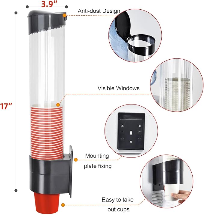 Cup Dispenser, Pull Type Wall Mount Cup Holder, Water Cooler Cup Dispenser Fits 7oz - 12oz Cups for Home Office Hospital Cups Organizer, Adhesive Paste or Screw Install (Black, Large)