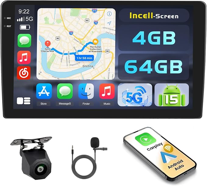 [4+64G] Android 15 Carplay Stereo Double Din, 9'' in-Cell Touch Screen Radio Wireless Carplay Android Auto 5G WiFi Car Stereo Bluetooth 5.0 Mirror Link GPS SWC FM/RDS/EQ, AHD Backup Camera+Mic | Wireless Carplay Android Auto, Bluetooth GPS Mirro...