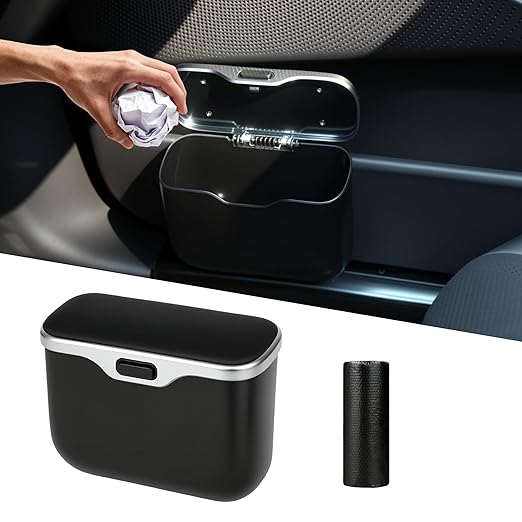 Automatic Push Button Car Trash Can with Secure Lid, Vehicle Garbage Bin (Black)