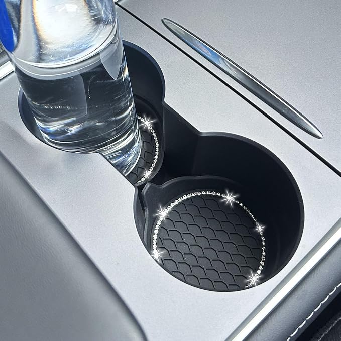 4PCS Bling Car Coasters, Non-Slip Insert Water Bottle Holder Pads, Bling Crystal Rhinestone Dustproof Automotive Interior Accessories, Universal for Vehicles, Trucks, RVs (4 pcs, Black)
