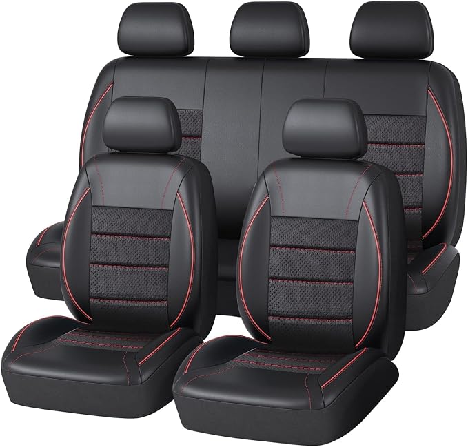 Universal FIT Piping Leather Car Seat Cover, for suvs,Van,Trucks,Airbag Compatible,Inside Zipper Design and Reserved Opening Holes (Full Set, Black and Red)