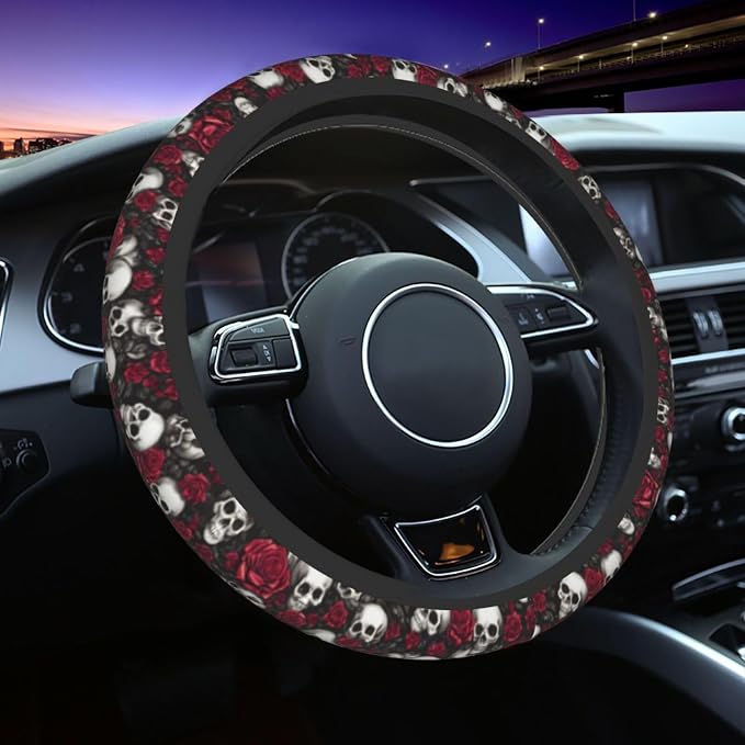 Skull Rose Halloween Scary Steering Wheel Cover Car Accessories Cute for Women Girls Girly Universal 15 Inch Neoprene Auto Interior Decor Anti Slip Car Truck Protector