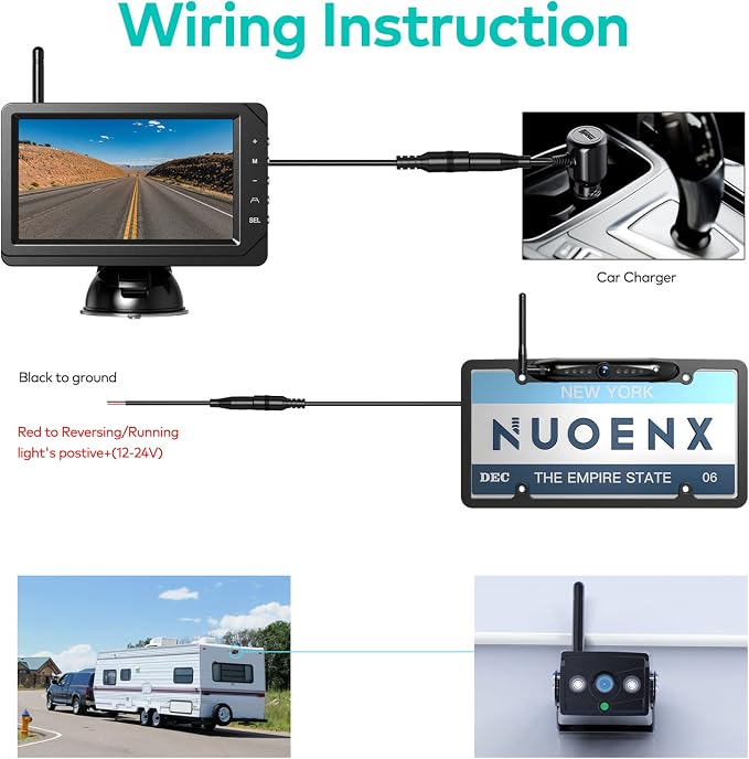 Nuoenx Backup Camera for RV, Split Screen 5 Inch HD Monitor W/Wireless License Plate Backup Camera & Wireless Rear View Camera, IR Night Vision Waterproof For Trailer, 5th Wheel