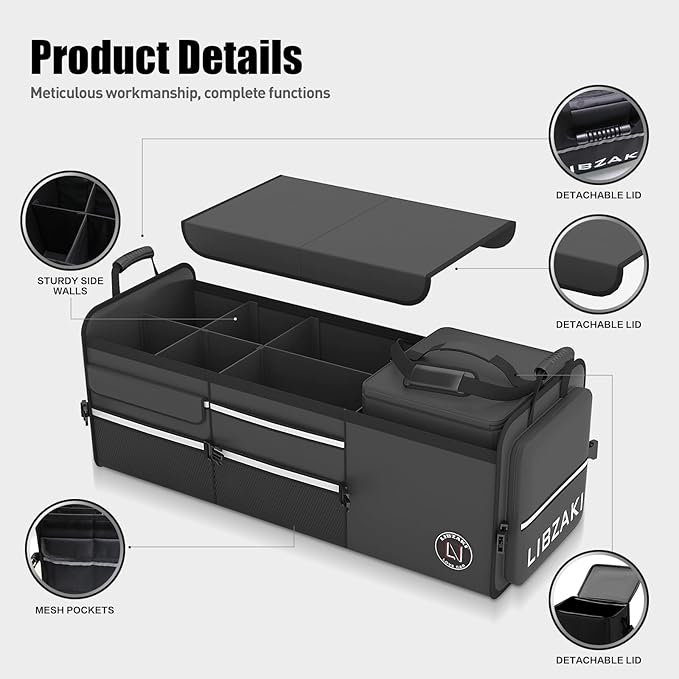 LIBZAKI Oversize 4 in 1 Car Trunk Storage Organizer, Multi Compartment Collapsible Trunk Storage Box with Cooler Bag for Car Truck SUV-Black
