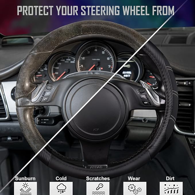 Line Rider Microfiber Leather Sporty 14.5-15 inch Steering Wheel Cover Universal Fits for 95% Truck,SUV,Cars, Anti-Slip Safety Comfortable Design (Black Carbon Fiber)