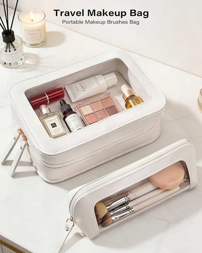 2Pack Clear Makeup Bags Set,Portable Makeup Brush Bag,Portable Leather Travel Toiletry Bag Car Eessntials for Women (White)