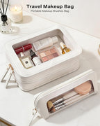 2Pack Clear Makeup Bags Set,Portable Makeup Brush Bag,Portable Leather Travel Toiletry Bag Car Eessntials for Women (White)