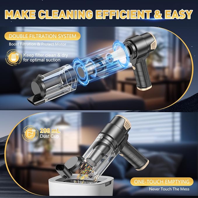 Handheld Car Vacuum Cleaner, 16000PA Air Duster & Vacuum Cleaner, 120W High Power Hand Held Vacuum Cordless, Portable Vacuum Rechargeable with Multi-Nozzles & LED Light for Car, Home, Pet, Office