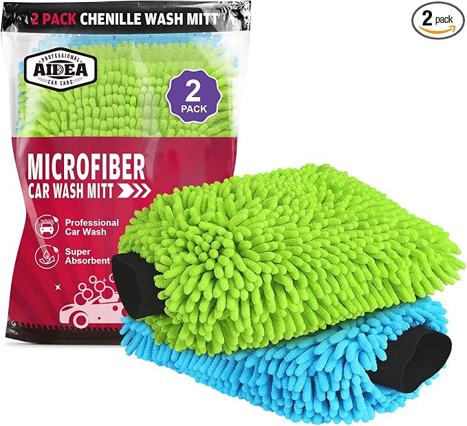 AIDEA Car Wash Mitt Microfiber, 2PK, Car Wash Brush, 8' X12'' | Scratch Free Lint-Free, Premium Chenille Microfiber Mitt, Extra Large Size, Green & Blue