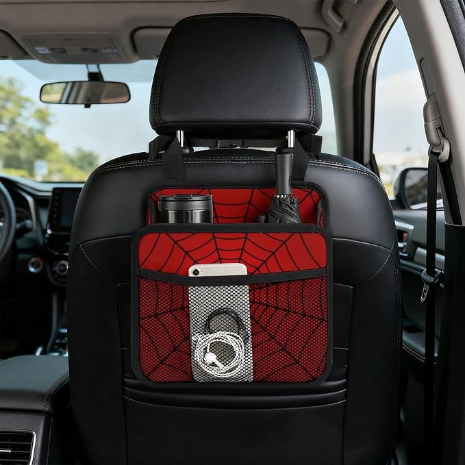 Car Backseat Organizer - Cute Aesthetic Car Storage Bin with Mesh Pocket & Reinforced Base - Universal Fit Hanging Seat Back Accessories for Women (Red)