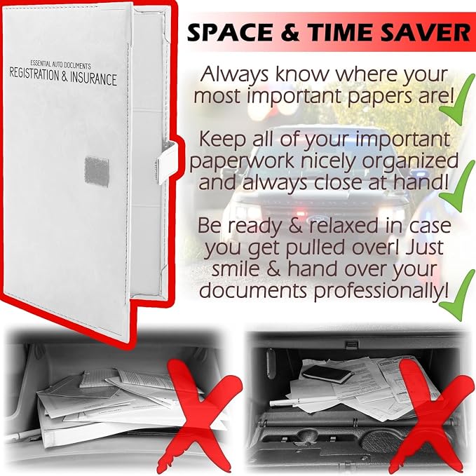 Registration and Insurance Card Holder - Car Organizer - White | Vehicle Glove Box Document Organizer, Auto Essential Paperwork Holder for Contact Information Cards, Interior Car Accessories