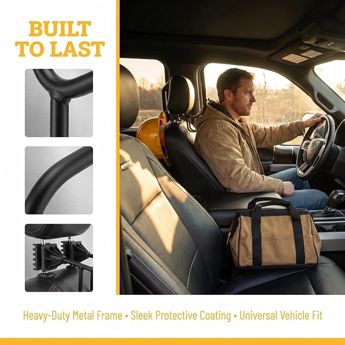 Heavy Duty Headrest Hook Organizer 5-Hook, Car Truck SUV, Steel | 5 Heavy-Duty Steel Hooks — Holds hard hats, tool bags, jackets, and gear