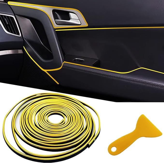 Car Interior Trim Strips,Universal 9.8 ft Car Electroplating Decoration Styling Door Dashboard, Flexible Interior Trim Accessories with Installing Tool(Yellow)
