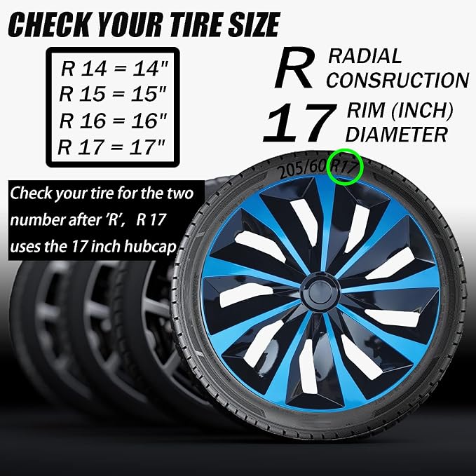 Hubcap Wheel Cover Replacement R17 Hub Caps Universal-Fit Steel Wheel Rim Cover ABS Material Exterior Accessories for Car Truck SUV -Set of 4（17-inch，Blue-Black）