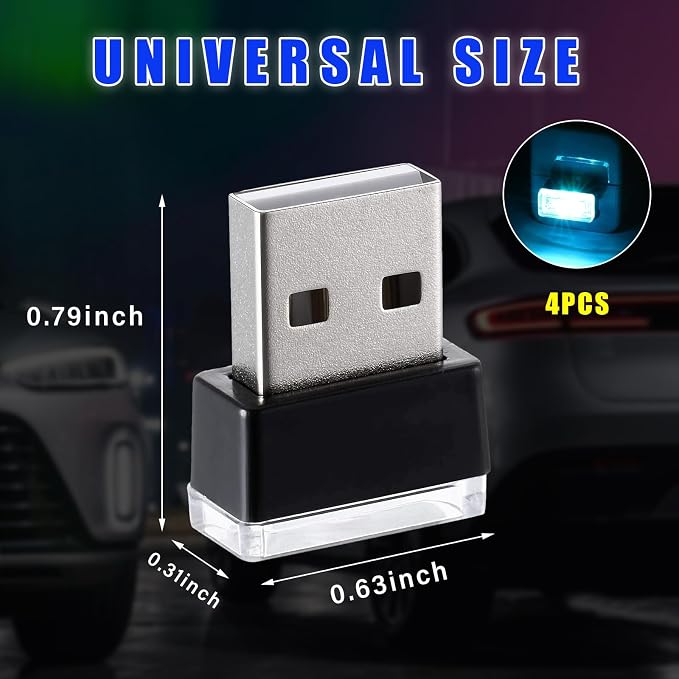 4 PCS USB LED Car Interior Atmosphere Lamp, Plug-in USB Decor Night Light, Portable Auto Ambient Lighting Kit, Universal Vehicle Interior Accessories for Most Cars (Ice Blue)