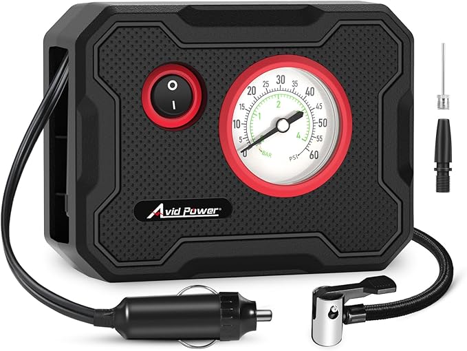 12V Tire Inflator Portable Air Compressor, Portable Car Air Pump w/Display Gauge and LED Light, Air Pump for Car Tires, Bike, Motorcycle, Compact, Lightweight (Red)