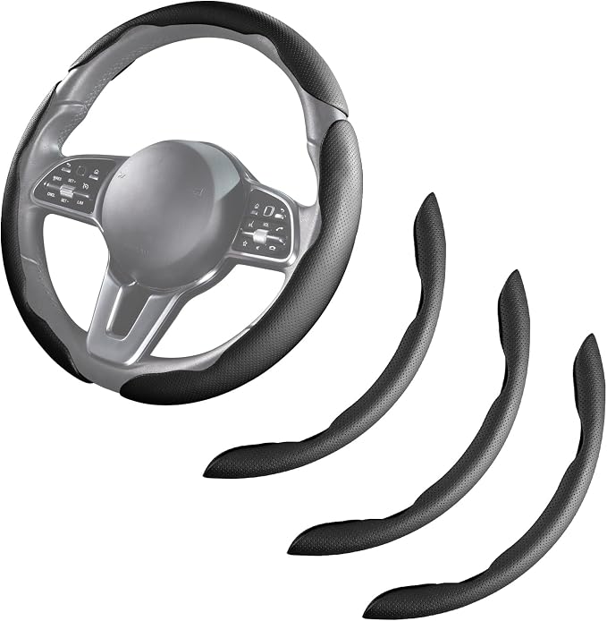 Car Steering Wheel Cover Leather Snap On 3Pcs Set Non-Slip Protector Wrap Steering Wheel Accessories 14.5-15 inch Universal Black