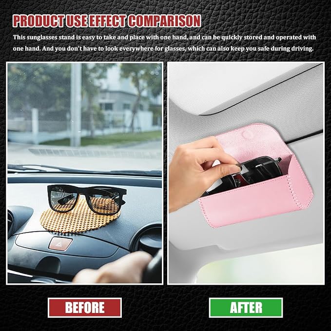 Sunglasses Holder for Car Sun Visor, Leather Auto Eyeglasses Storage Case with Hidden Magnetic Closure, Universal Protective Glasses Organizer Box, Visor Accessories for Woman Man (Pink)