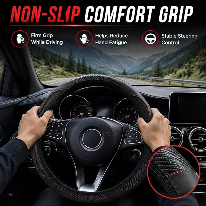 Car Steering Wheel Cover 15 inch, Microfiber PU Leather Elastic Steering Wheel Protector, Anti-Slip Breathable Car Interior Accessories for Most Cars (Black)