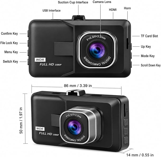 3-inch 1080p High-Definition Dash cam for Cars, 24 Hour Recording, 170° Large Wide-Angle,Super Night Vision, G-Sensor Parking Monitoring Loop Video Motion Detection