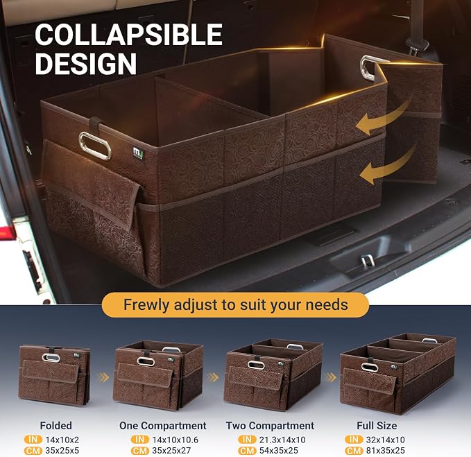 Trunk Organizer for Car, 12 Pockets Sturdy Car Organizer for SUV, Non-Slip Bottom, Storage Organizer for Sedans, Van, Jeep, Grocery, Large 3 Compartments, Brown Vintage 32"×13"×10.6"