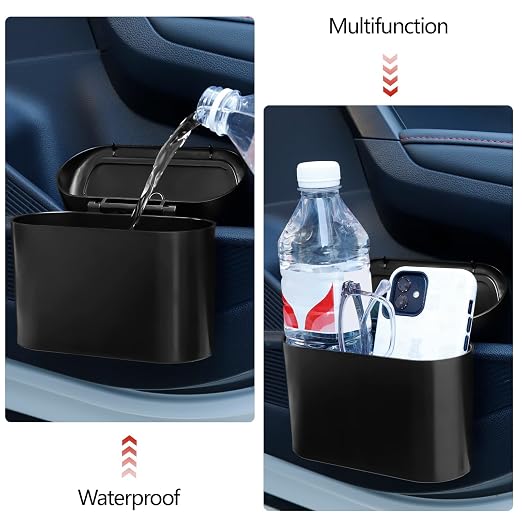 Car Trash Can with Lid - 2 Pack, Mini Auto Garbage Can with 60 Trash Bags, Leakproof Automotive Garbage Container Bin, Multipurpose Organizers and Storage for Car, Home, Office (Black)