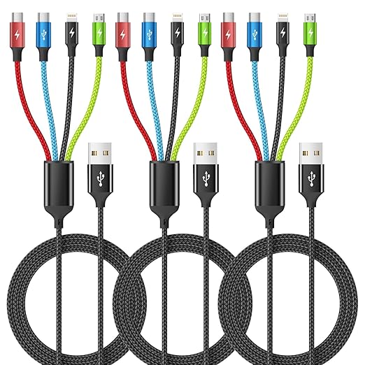 Cruise Essentials 2026 4 in 1 Multi Charging Cable [3Pack 5FT], Tangle Free USB C Car Charger Cable, Nylon Braided Charging Cords for Multiple Devices, Travel Essentials Car Accessories