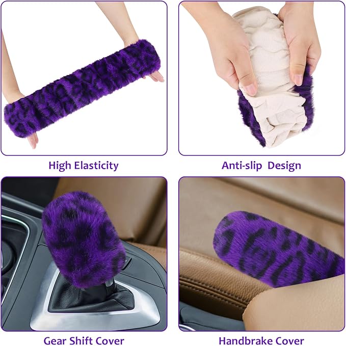 Fuzzy Car Steering Wheel Cover, Universal Fit Fur Car Wheel Cover & Handbrake Cover & Gear Shift Cover Set, Fluffy Fashion Leopard Print Auto Steering Wheel Protector for Women Girls(Purple)