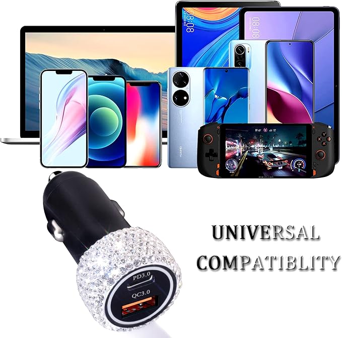 USB C Car Charger Adapter 54W Bling Diamond PD & QC 2-Port Type C Compact Car Charger Compatible for iPhone, iPad, Samsung Galaxy, LG, Google Pixel, Moto, USB-C Port