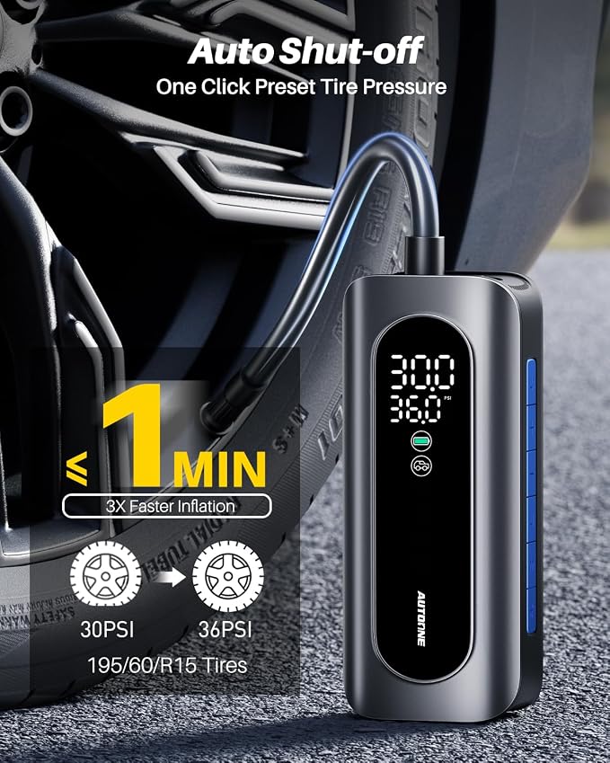 Tire Inflator Portable Air Compressor, 150PSI Air Pump for Car Tires with Tire Pressure Gauge, 3X Faster One Click Smart Cordless Tire Air Pump for Car, Motorcycle, Bike, Ball and More