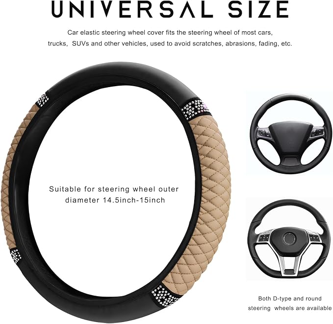 Bling Car Steering Wheel Cover, 15 Inch Sparkly Rhinestone Soft Leather Steering Wheel Protector, Non-Slip Universal Auto Elastic Steering Wheel Covers for Women Girls (Beige)