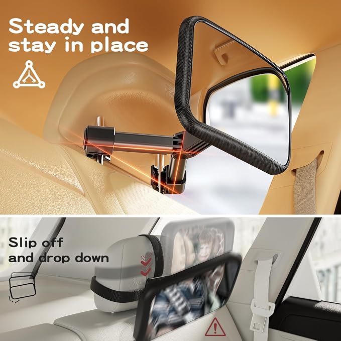 Baby Car Mirror for Baby, Stays Stable Hook Clip (No Strap), Baby Mirror for Car Seat Mirror Rear Facing, Easy Install, Back Seat Mirrors for Car, ShatterProof & Crash Tested Baby Shower Gifts