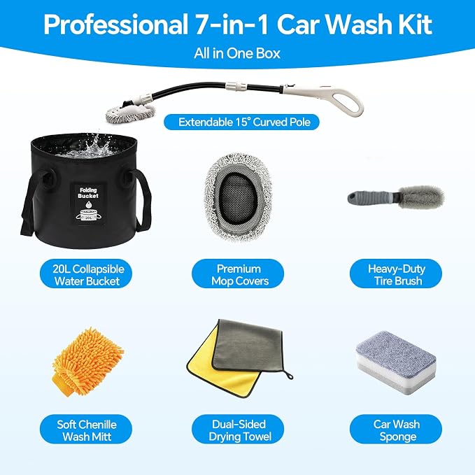7-in-1 Car Wash Kit with 20L Folding Bucket & Brush – Car Wash Mop with Long Handle, 15° Curved Aluminum Pole for SUV Roof, Car Washing Brushes & Cleaning Supplies, RVs-White.