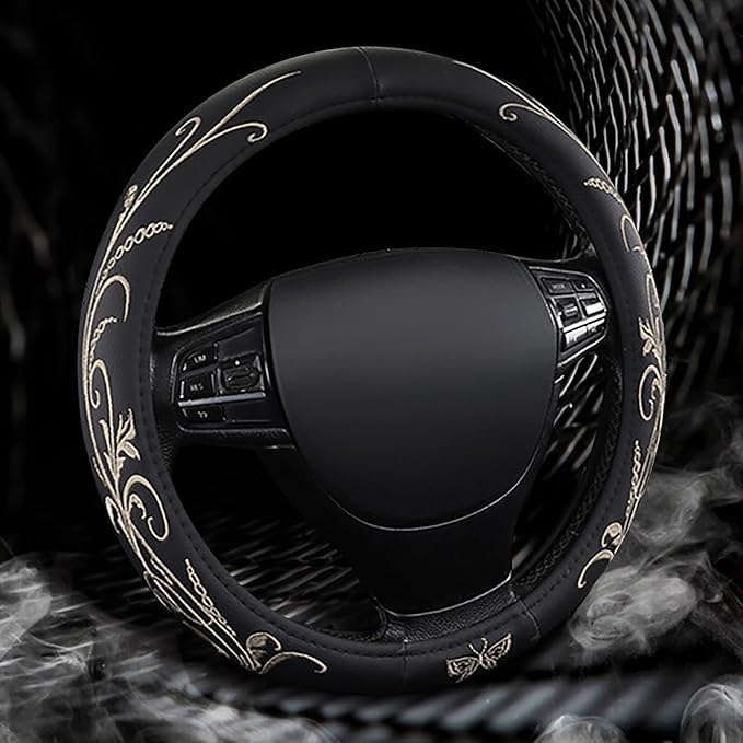 Car Leather Steering Wheel Cover - Panapi Material, Universal 14.5-15 Inch Leather Anti-Slip Breathable Auto Steering Wheel Covers for Men Women (Embroidery-Beige)