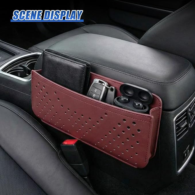 Car Seat Side Pocket Organizer, PU Leather Water-Resistant Car Console Storage Bag, Multifunctional Auto Interior Door Tray Pouch Organizer Accessories for Phone Keys Sunglasses (Burgundy)