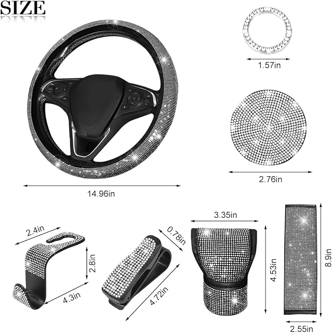 11PCS/Set Bling Car Accessories Set for Women, Rhinestone Vehicle Steering Wheel Cover Seat Belt Cushion Gear Shift Protector Cup Holder Coaster, Universal Automotive Accessories (White)