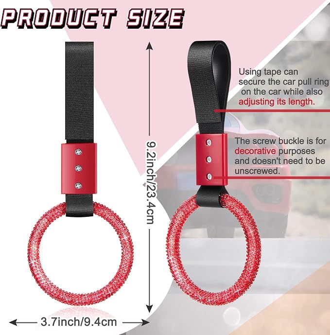 Bling Car Accessories Bling Round Handle Ring Car Accessory for Women Hand Strap Drift Charm Rear Bumper Warning Ring Decor for Auto Bus Interior Exterior Decoration(Red, Round Style)