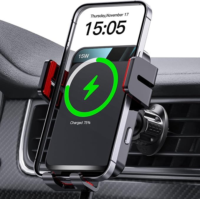 Wireless Car Charger, Auto-Clamping Car Mount 15W/10W/7.5W Fast Charging Air Vent Car Phone Mount Compatible with iPhone 15/14/13/13 Pro/12 Pro Max/12/11/10/8 Series, Samsung Galaxy Series Red