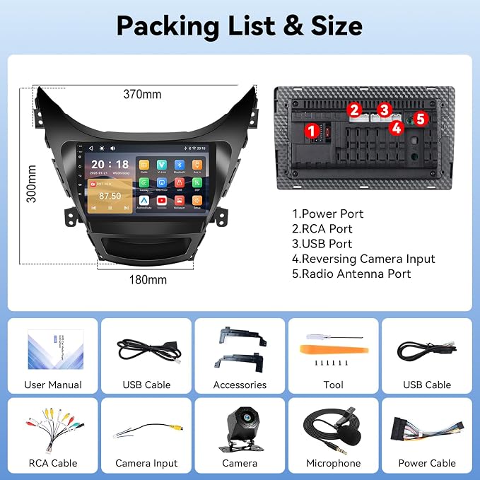 Car Stereo for Hyundai Elantra 2012-2013 9 Inch Car Radio with Bluetooth FM/RDS Carplay Android Auto Mirror Link SWC Backup Camera