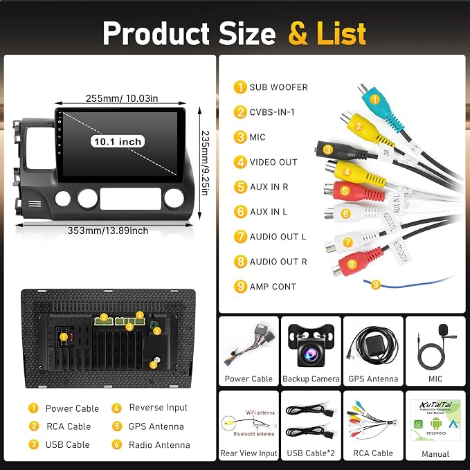 for Honda Civic 2006-2011 Radio with Premium Audio System - 10.1 Inch Touch Screen for Civic Stereo with Wireless Carplay/Android Auto/Mirrorlink/Bluetooth/GPS/SWC/FM + MIC + Backup Camera - 2+32GB