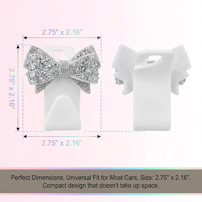 2 PCS Bling Car Seat Headrest Hooks, Crystal Rhinestone Bow Car Purse Hooks, Vehicle Seat Back Storage Hook for Handbag Purse Coat Grocery, Universal for SUV Truck Sedan (White)