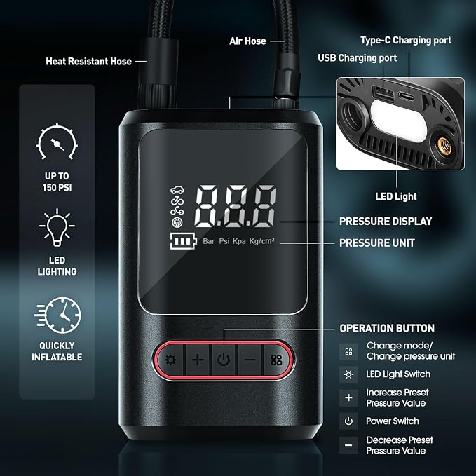 Tire Inflator Portable Air Compressor, 150PSI Cordless Air Pump for Car, Bike, Motorcycle, Ball, Electric Bike Tire Pump with Pressure Gauge, LED Light, Red, TOOLS-00678-RD