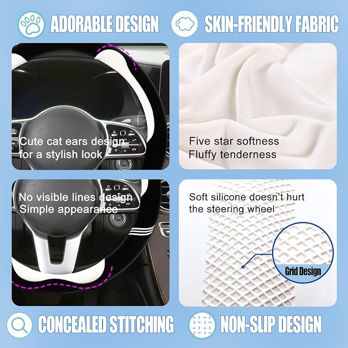 Furry Cute Soft Steering Wheel Cover 15 inch Black with White | Fluffy Short Plush Car Accessories, Non-Slip Cold-Proof Sweat-Proof Colorfast, Universal 14.5 inch to 15 inch