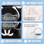 Furry Cute Soft Steering Wheel Cover 15 inch Black with White | Fluffy Short Plush Car Accessories, Non-Slip Cold-Proof Sweat-Proof Colorfast, Universal 14.5 inch to 15 inch