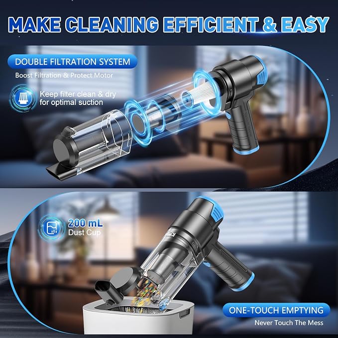 Handheld Car Vacuum Cleaner, 16000PA Air Duster & Vacuum Cleaner, 120W High Power Hand Held Vacuum Cordless, Portable Vacuum Rechargeable with Multi-Nozzles & LED Light for Car, Home, Pet, Office