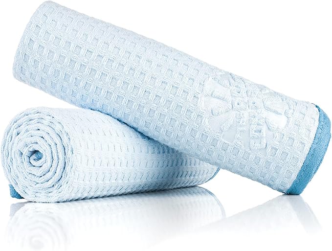 Dry Me A River, Professional Korean 70/30 Blend Microfiber Waffle-Weave Drying & Detailing Towels, Soft Suede Edges, 390 GSM, 20x40 Inches, Light Blue, 2-Pack