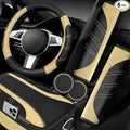 6 Pcs Beige Car Accessories Set, Sport Leather Steering Wheel Cover 14.5-15inch Universal, Microfiber Leather Car Center Console Cover, Seat Belt Cushion, Cup Holder Coaster (Black-Beige)